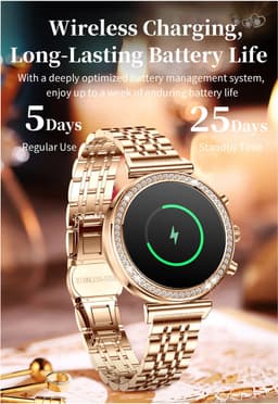 Knobbout Luxe Dames Smartwatch 1.27” met Kristallen – Bluetooth Bellen – HD Touchscreen – Hartslag, Bloeddruk & SpO₂ Monitoring – Vrouwelijke Gezondheidsfuncties – AI spraakassistent– IP68 Waterdicht – Rosé goud stalen horlogeband — thumbnail 15