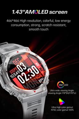 Knobbout 1.43” AMOLED Smartwatch – 466×466 HD Scherm – 5ATM Waterdicht (tot 50m) – LED Zaklamp + UV-Licht + SOS Noodflits – Bluetooth Bellen – 525mAh Lange Batterijduur – Outdoor & Sporthorloge voor Android/iOS-Zwart — thumbnail 14