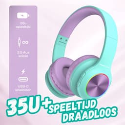PowerLocus PLED Draadloze Koptelefoon Over-Ear voor Kinderen - LED lampjes - met Microfoon - Micro SD poort - Teal/Purple — thumbnail 7