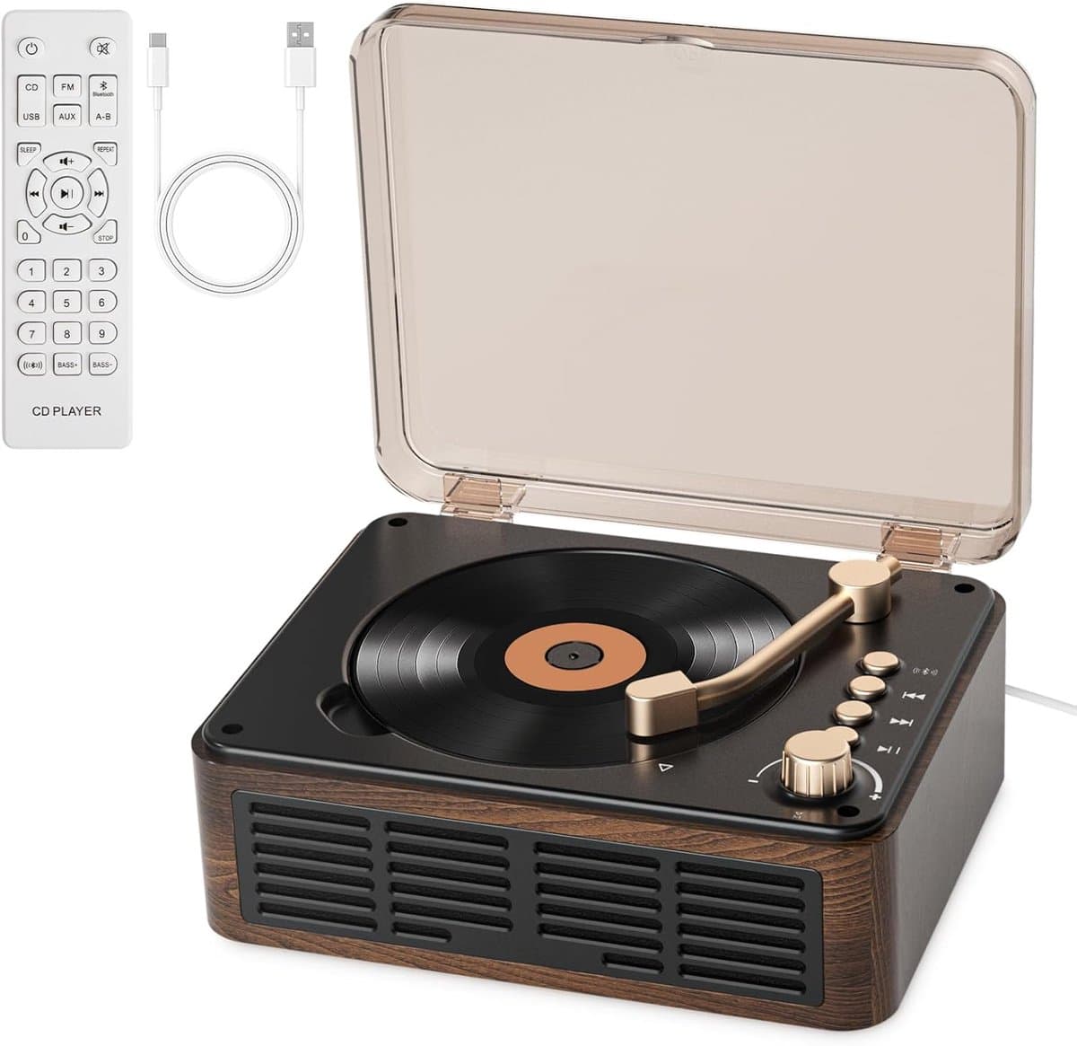Retro CD Speler - Bluetooth Speaker - Meerdere afspeelmodi - Met Draadloze Verbinding & Afstandsbediening - Bruin - AUX & FM Radio - Voor Huis & Slaapkamer — afbeelding 1