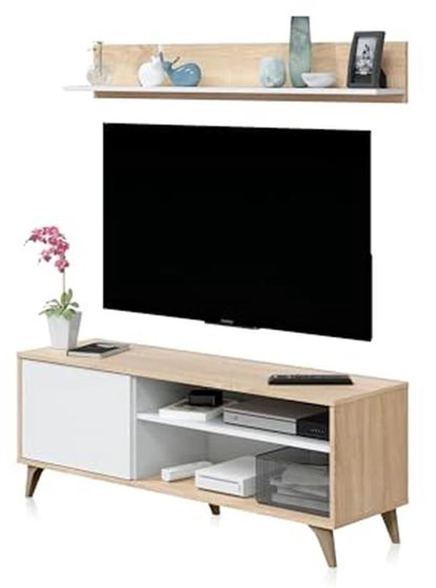 Wit TV-module met plank en eikenhout afwerking - TV-meubel voor woonkamer — afbeelding 1