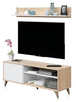 Wit TV-module met plank en eikenhout afwerking - TV-meubel voor woonkamer — thumbnail 1