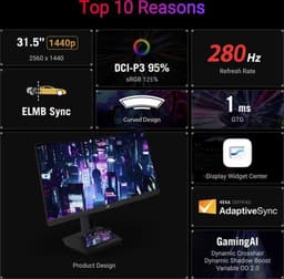 ASUS ROG Strix XG32WCMS USB Type-C Gaming Monitor - QHD VA Curved - 280Hz - 1ms - FreeSync Premium - USB-C - 31.5 Inch — thumbnail 17