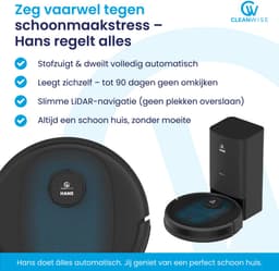 CleanWise Hans Robotstofzuiger met Dweilfunctie & Automatisch Leegstation – 90 dagen handsfree – Nederlands Product – Dweilrobot – LiDAR Navigatie – 7000 Pa – HEPA 14 Filter – Tapijtherkenning – No-Go Zones – Voor Huisdierharen — thumbnail 2