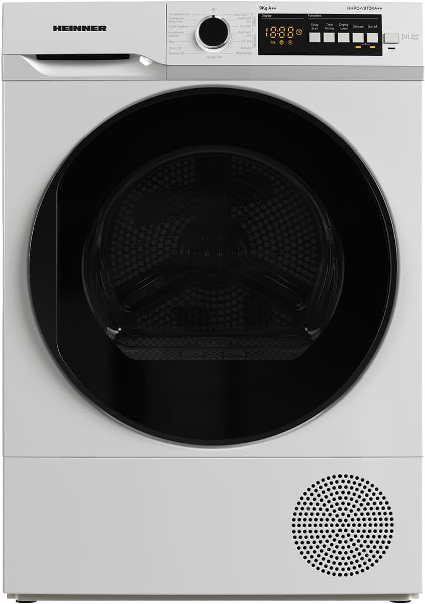 Heinner HHPD-V9T2KA++ Warmtepompdroger 9 kg – 15 Droogprogramma’s – Digitaal Display – Anti-kreukfunctie – Startuitstel – Omkeerbare Deur – Wit – 5 Jaar Garantie — afbeelding 1