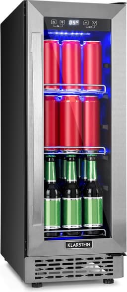 Klarstein Beerlager 56 drankkoelkast, 56 liter, 20 flessen, inbouw, 82 cm hoog, glazen deur met roestvrijstalen frame, 3 schappen, temperatuur: 0 - 10 °C, touchscreen bedieningspaneel, zwart - LED - RVS - Mini Fridge - Compact Koelkast — thumbnail 1