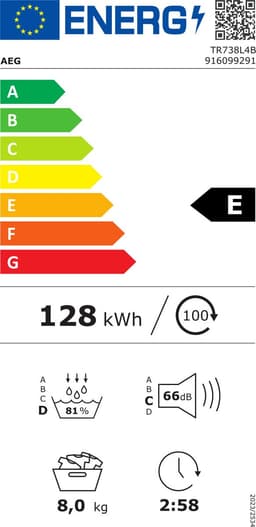 AEG TR738L4B 7000 serie SensiDry warmtepompdroger - 8 kg - 235 kWh - wit — thumbnail 2