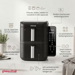 Dubbele Airfryer XXL 11L - BPA & PFAS Vrij - Dual Heteluchtfriteuse XL Tot 8 Personen - Slimme Functies: Smart Finish & Match Cook 60–200°C - Vaatwasserbestendige Manden - Antiaanbaklaag - 2800W - Zwart - Löwenthal — thumbnail 6