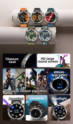 Knobbout 1.7" Outdoor Smartwatch – Digitale Kompas - LED & UV Licht -600mAh batterij - Bluetooth Bellen- IP68 Waterdicht -AI Spraakassistent - Gezondheid & Sportfuncties -Blauw Siliconen Band — thumbnail 16