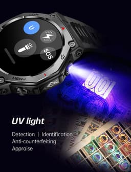 Knobbout 1.43” AMOLED Smartwatch – 466×466 HD Scherm – 5ATM Waterdicht (tot 50m) – LED Zaklamp + UV-Licht + SOS Noodflits – Bluetooth Bellen – 525mAh Lange Batterijduur – Outdoor & Sporthorloge voor Android/iOS-Zwart — thumbnail 17