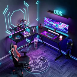 Gamebureau – L Vormig Hoekbureau – Gaming Desk – Computertafel – Waterproof & Krasbestendig Gaming Bureau – 130x130x96,5 cm – Game Tafel met Monitorstandaard – Eikenhout Bureaublad – Verstelbaar Werktafel – Zwart — thumbnail 4