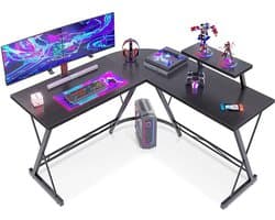 Gamebureau – L Vormig Hoekbureau – Gaming Desk – Computertafel – Waterproof & Krasbestendig Gaming Bureau – 130x130x96,5 cm – Game Tafel met Monitorstandaard – Eikenhout Bureaublad – Verstelbaar Werktafel – Zwart