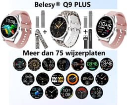 Belesy® BQSiRgPk Pro - Smartwatch Dames – Smartwatch Heren - Horloge - 1.28 inch - Kleurenscherm - Stappenteller - Bloeddruk - Hartslag - 75+ Wijzerplaten – Zilver – Siliconen – Roze – extra polsband Milanees Zilver en Panterprint - Kerstcadeau — thumbnail 3