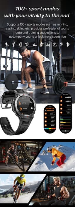 Knobbout 1.43” AMOLED Smartwatch – 466×466 HD Scherm – 5ATM Waterdicht (tot 50m) – LED Zaklamp + UV-Licht + SOS Noodflits – Bluetooth Bellen – 525mAh Lange Batterijduur – Outdoor & Sporthorloge voor Android/iOS-Zwart — thumbnail 5