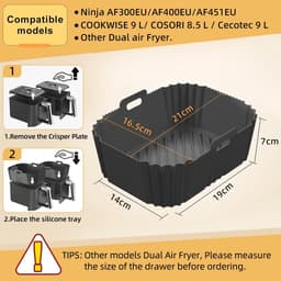 Voor Ninja Foodi Max Dual Zone Air Fryer Accessoires - Set van 2 vierkante siliconen bakplaten - Compatibel met AF300EU, AF400EU en andere Dual Zone-modellen - Grijs — thumbnail 5