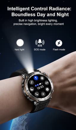 Knobbout 1.7" Outdoor Smartwatch – Digitale Kompas - LED & UV Licht -600mAh batterij - Bluetooth Bellen- IP68 Waterdicht -AI Spraakassistent - Gezondheid & Sportfuncties -Blauw Siliconen Band — thumbnail 6