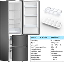 CHiQ CID282NEIBE - Koel-vriescombinatie - 282 Liter - No Frost - Inverter Compressor - LED Display - 37 dB - 3 Deuren - 12 jaar garantie op compressor — thumbnail 7