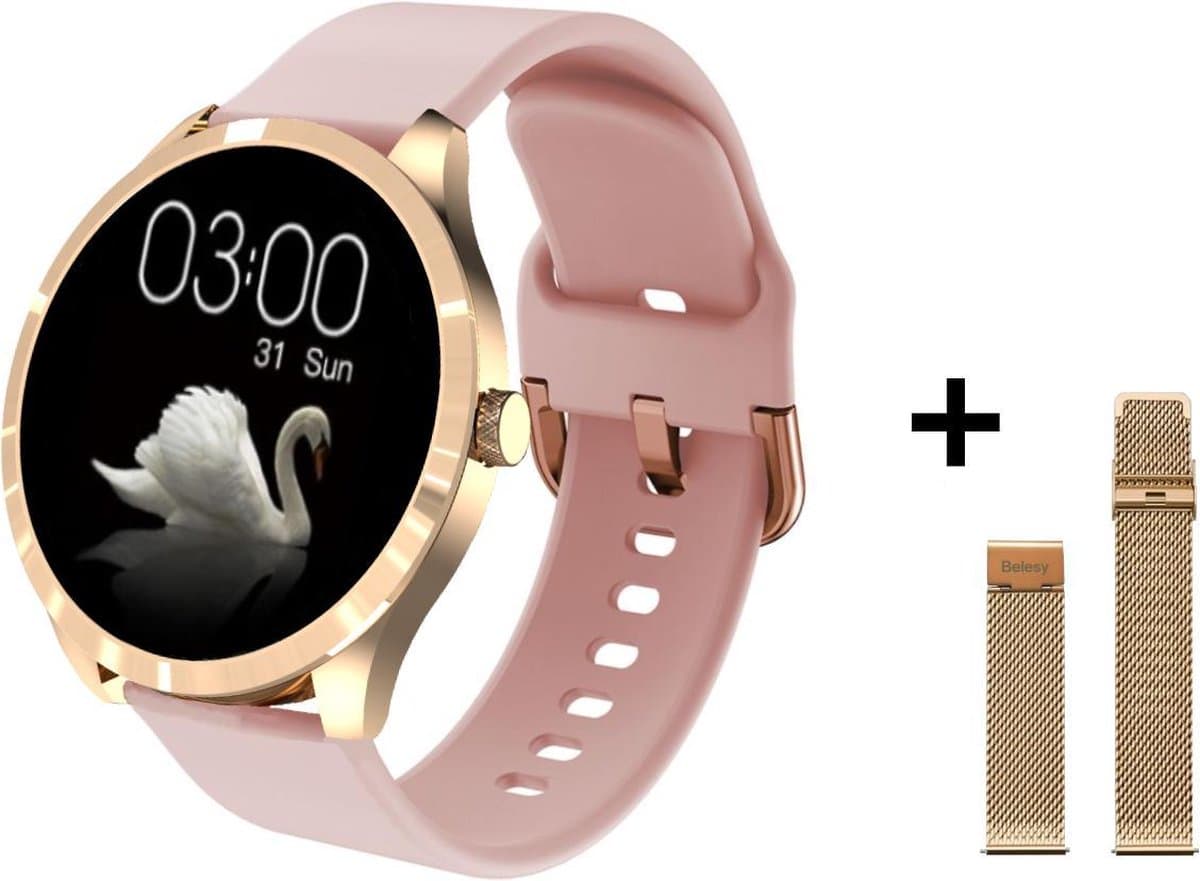 Belesy® BQSiRgPk Pro - Smartwatch Dames – Smartwatch Heren - Horloge - 1.28 inch - Kleurenscherm - Stappenteller - Bloeddruk - Hartslag - 75+ Wijzerplaten – Sporten – Goud – Siliconen – Roze – extra polsband Milanees goud - Kerstcadeau — afbeelding 1