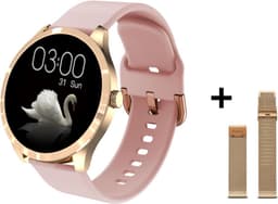 Belesy® BQSiRgPk Pro - Smartwatch Dames – Smartwatch Heren - Horloge - 1.28 inch - Kleurenscherm - Stappenteller - Bloeddruk - Hartslag - 75+ Wijzerplaten – Sporten – Goud – Siliconen – Roze – extra polsband Milanees goud - Kerstcadeau — thumbnail 1