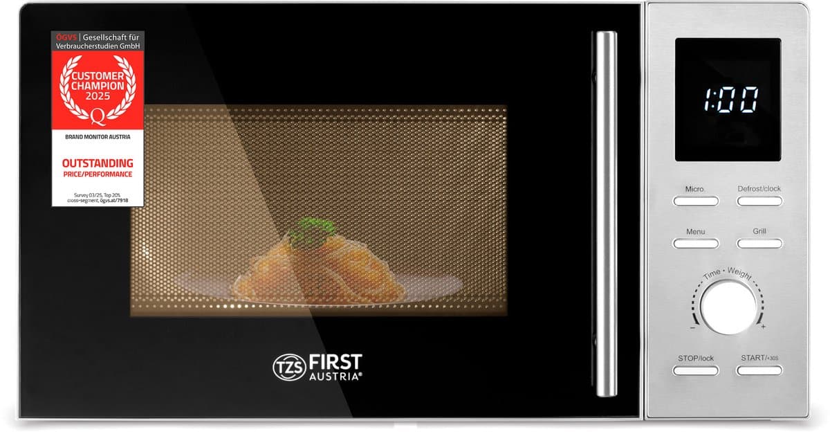 TZS First Austria Vrijstaande Magnetron - Grill - 1100 watt - 20 liter - RVS -Zilver — afbeelding 1