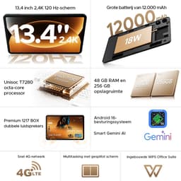 Aorlym P13 Pro - Tablet - 12 GB RAM + 256 GB ROM (2 TB/TF) - 13,4 inch tablet FHD+ 120 Hz - Android 16 - UNISOC T7280 - 12000 mAh - 4G LTE - Wi-Fi 5 - Bluetooth 5.0 - Inclusief toetsenbord, muis, Stylus en hoesje - Dubbele luidsprekers - Zwart — thumbnail 4