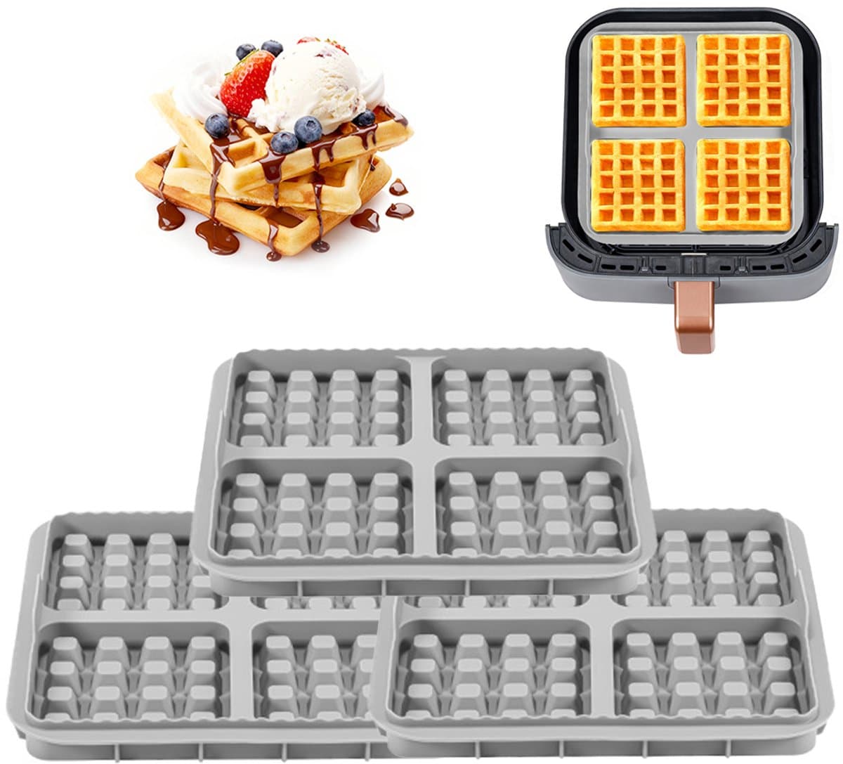 3 stuks wafelinzetstukken - geschikt voor Philips Airfryer 2000 Series NA229/00 - 24*18*4cm - grijs — afbeelding 1