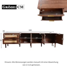 TV-meubel 180 cm breed met LED-verlichting en rieten deuren voor grote televisies — thumbnail 3