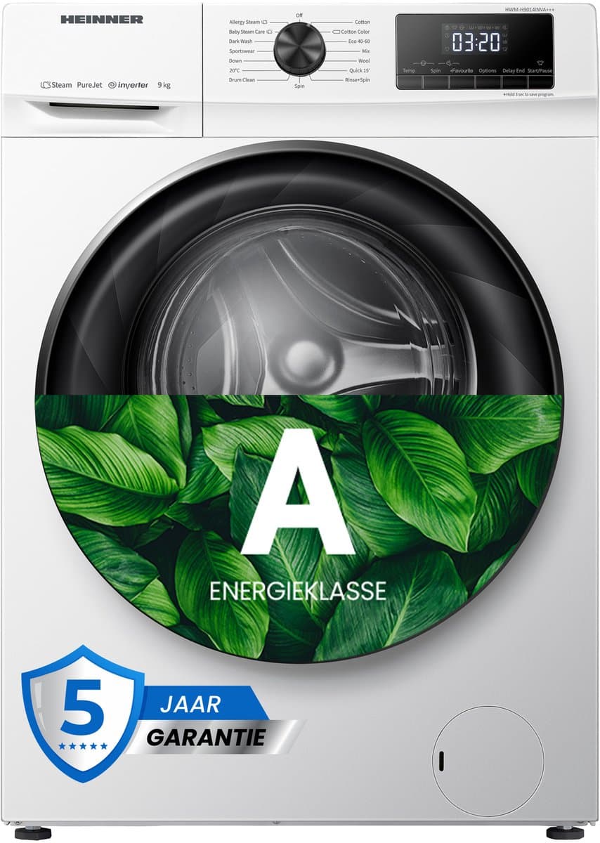 Heinner HWM-H9014INVA+++ Wasmachine 9 kg – 14 Programma’s Met Stoomfunctie & Voorwasprogramma – 1400 tpm – LED Display – Energieklasse A – Wit – 5 Jaar Garantie — afbeelding 1