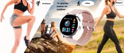 Belesy® BQSiZiPk - Limited edition - Smartwatch Dames - Smartwatch Heren - Horloge - Stappenteller - 1.3 inch - Kleurenscherm - 10x Sporten - INDOOR en OUTDOOR - Zilver - Siliconen - Roze - extra polsband Panterprint - Moederdag — thumbnail 6