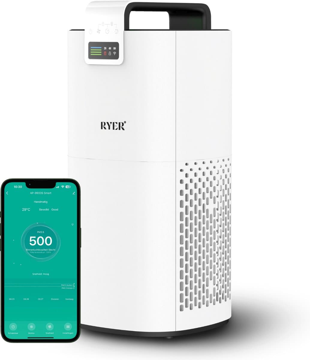 RYER Luchtreiniger XL - HEPA 13 filter + Koolstoffilter - CADR 350 m3/u - Helpt bij hooikoorts, allergieën, huisstofmijt en stof - Luchtkwaliteitsindicator - Slaapstand - Met App — afbeelding 1
