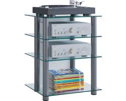 VCM hifi-kasten, platenspelerkast, stereokast, hifi-rekken, routerstandaard, hifi-rekken en -standaards, witte platenspelerstandaard, draaitafelstandaard met opbergruimte voor vinylplaten, platenspelermeubel, glazen tv-meubel, mediameubel