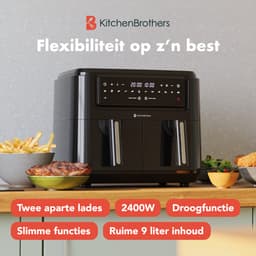 KitchenBrothers Dubbele Airfryer - PFAS-Vrij - 2400W - 9L - Heteluchtfriteuse - Dual Zone - Dubbele Mand - 50ºC tot 200ºC - 10 Kookprogramma's - Zwart — thumbnail 2