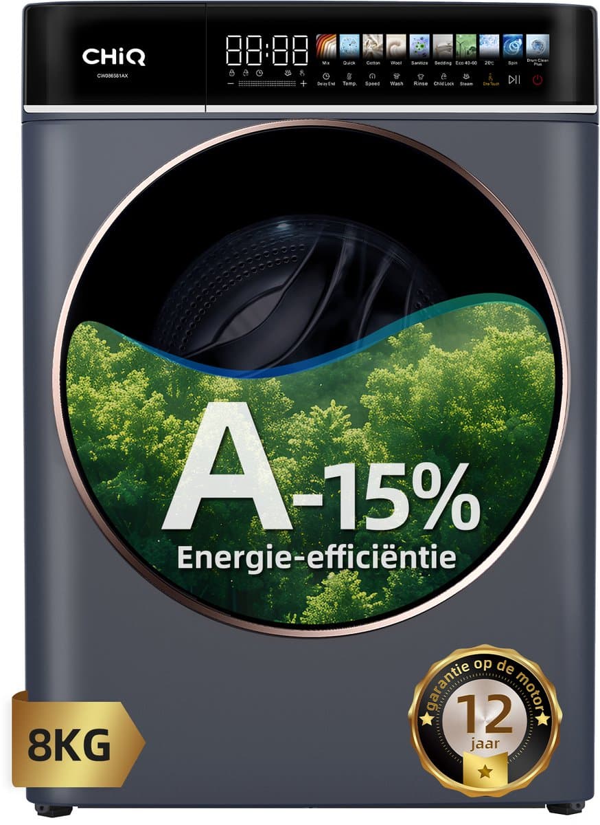 CHiQ CW086581AX - Wasmachine - 8 KG - Full service - Space Pro - Energielabel A-15% - 13.5 Inch Led-touchscreen - 12 programma's - AI Smart - Stoomwassen & Quick Wash - 12 jaar garantie op motor — afbeelding 1