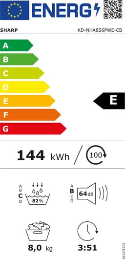 Sharp KDNHA8S6PWECB newline – warmtepomp droger – 8 kg – energie label E – 15 programma’s – LED trommelverlichting – links en rechts draaiend – WIT — thumbnail 2