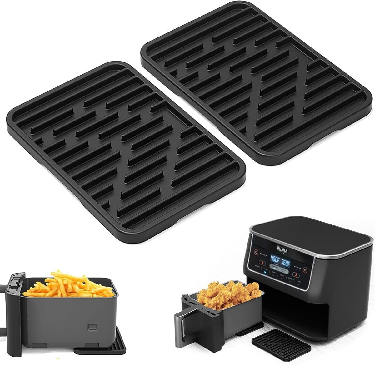 Heißluftfritteuse accessoires Gescht voor Ninja, Philips en COSORI, 2 stuks hittebestendige onderlaag siliconen voor universele Airfryer-mand, 16 x 11 cm verbrandingswerende siliconen tafelmat (Zwart-2) — afbeelding 1