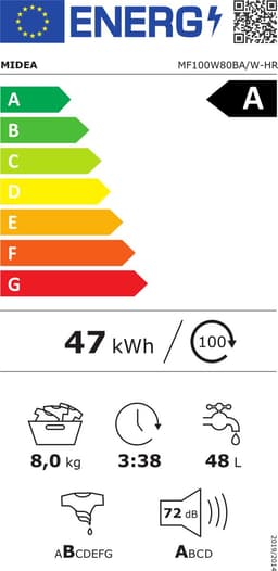 Midea MF100W80BA/W-HR - Wasmachine - Voorlader - Wit - Vulgewicht: 8kg - 1400 rpm - A label - 72 dB - Engels display — thumbnail 2