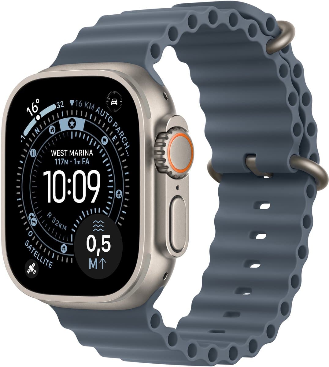 Apple Watch Ultra 3 Cellular 49mm Natural Titanium Case with Anchor Blue Ocean Band — afbeelding 1