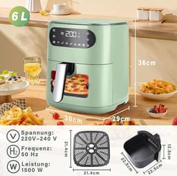 NETTLIFE Airfryer - Hetelucht friteuse - 6L - Kijkvenster - 1500W - 7 Bakprogramma's - 11 functies - 80-200 °C Instelbaar - Tot 5-6 personen - met Timer & Touchscreen - groen — thumbnail 4