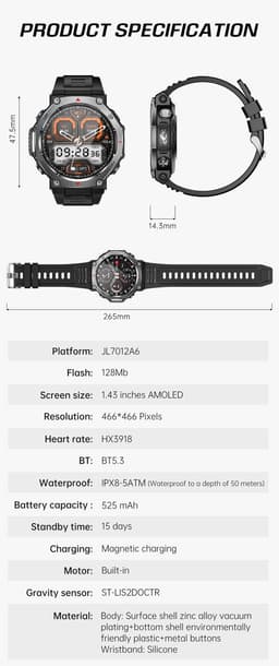 Knobbout 1.43” AMOLED Smartwatch – 466×466 HD Scherm – 5ATM Waterdicht (tot 50m) – LED Zaklamp + UV-Licht + SOS Noodflits – Bluetooth Bellen – 525mAh Lange Batterijduur – Outdoor & Sporthorloge voor Android/iOS-Zwart — thumbnail 8