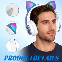 longziming Draadloze Kinder Koptelefoon – Cat Headphones met LED Oortjes – Bluetooth Hoofdtelefoon– Bluetooth 5.0 – Licht Groen – Met Verlichting – Opvouwbare opbergruimte – Blauw en wit — thumbnail 6
