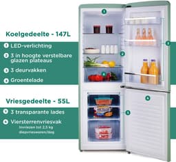 PR196RKMG Retro Koelkast - 202L - D - Koelvriescombinatie - Vrijstaand - Mat Groen — thumbnail 6
