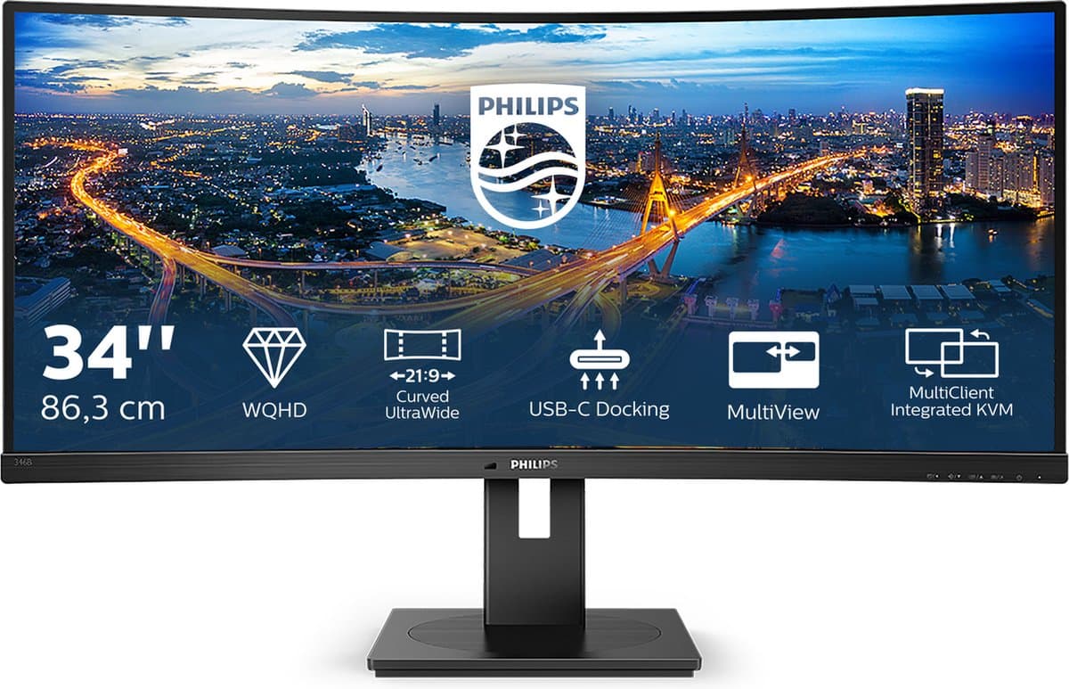 Philips 346B1C - QHD Ultrawide Monitor - USB-C 90W - KVM-Switch - RJ45 - Powersensor - Lichtsensor - 34 Inch - 100hz — afbeelding 1