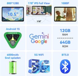 TABWEE Tablet T80 - Gemini AI - 12GB RAM - 64GB ROM - 10.5 Inch - 6000 mAh - Android 15 - 5G WiFi - Bluetooth 5.0 - Grijs — thumbnail 3