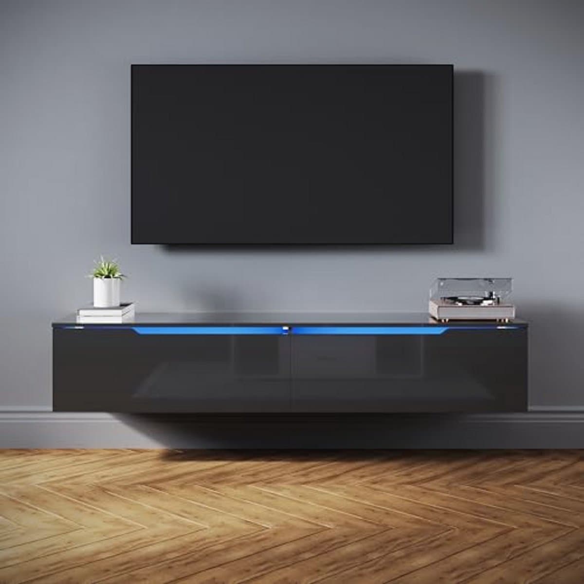 Tv-kast 160 cm met 16 kleuren LED-verlichting, hoogglanzend zwart, hangend/staand, geschikt voor televisies tot 65 inch — afbeelding 1