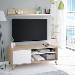 Wit TV-module met plank en eikenhout afwerking - TV-meubel voor woonkamer — thumbnail 5