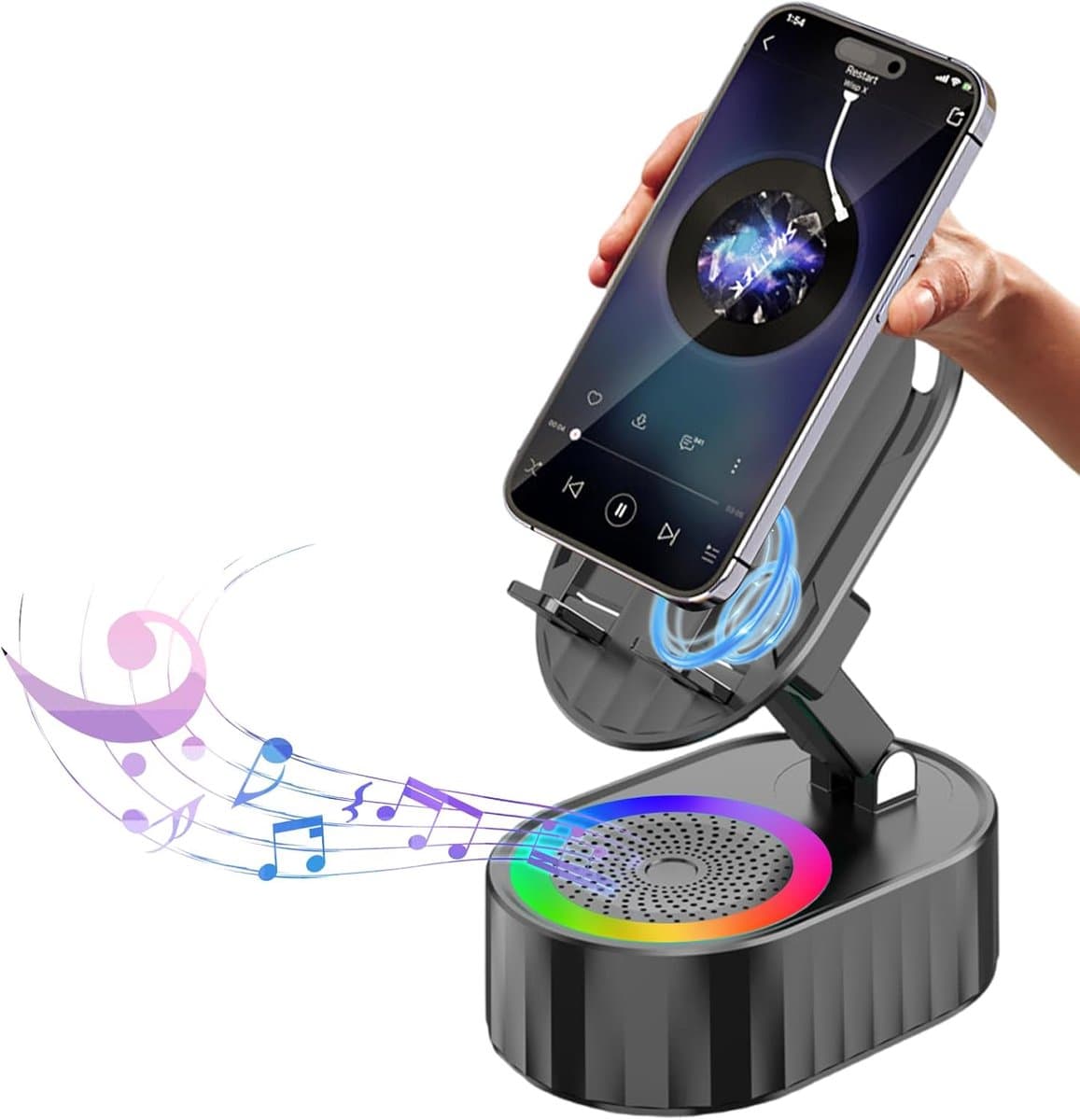 5-in-1 Bluetooth Speaker - Telefoonhouder met 3000mAh Powerbank - Opvouwbare Speaker met RGB Verlichting - Cadeau voor Mannen en Vrouwen - Zwart - 1 Stuk — afbeelding 1