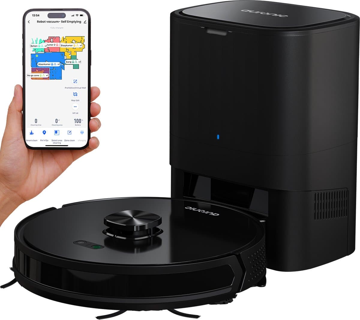 Auronic Robotstofzuiger - Met Dweilfunctie - WiFi en App - Laadstation - Huisdieren - Dweilrobot - Laser Navigatie - Automatisch Leegstation - Zwart — afbeelding 1
