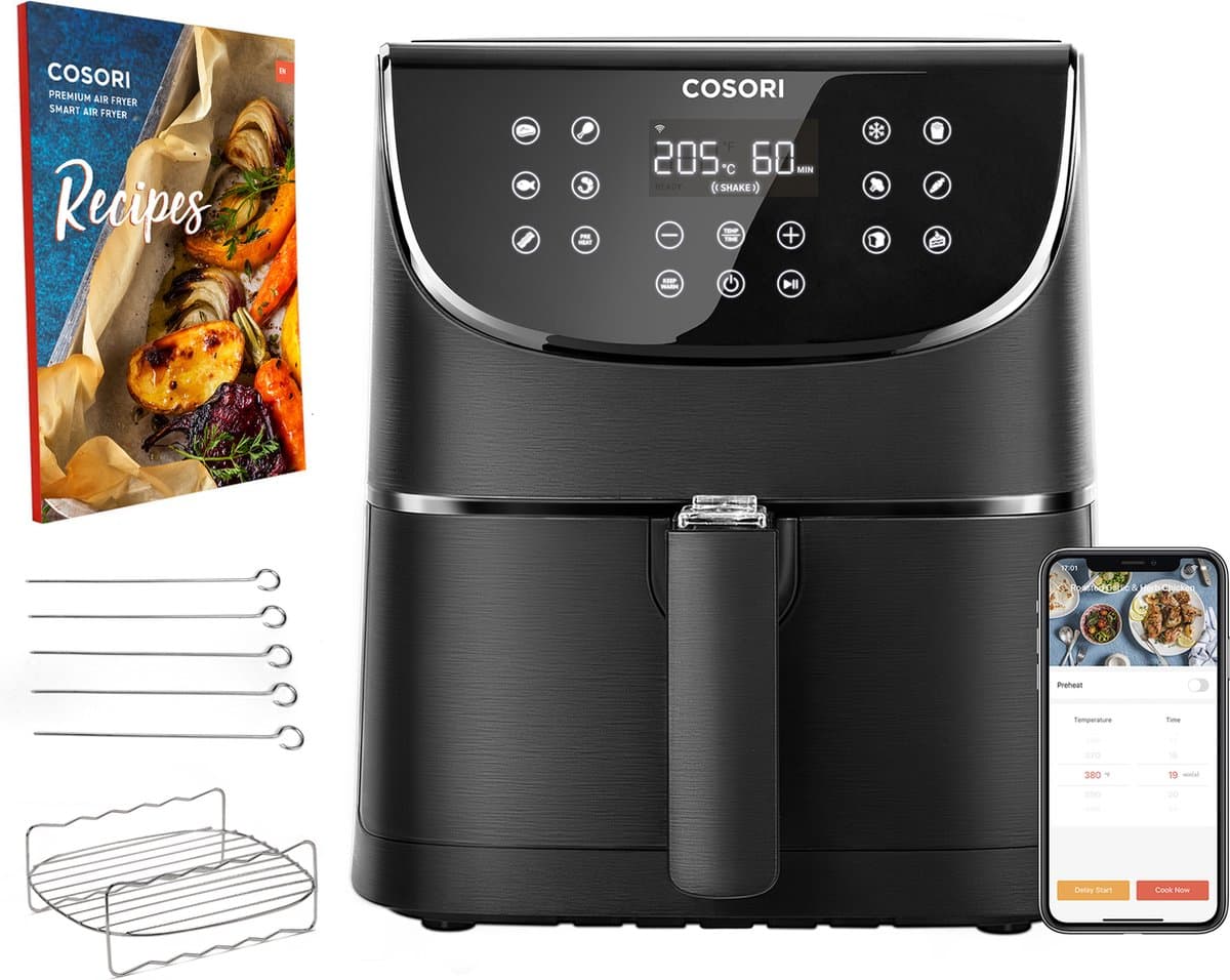 Cosori XL Airfryer - Heteluchtfriteuse 5.5 liter - Inclusief Spiezenrek en 5 Spiezen - met App Connectie – Zwart — afbeelding 1