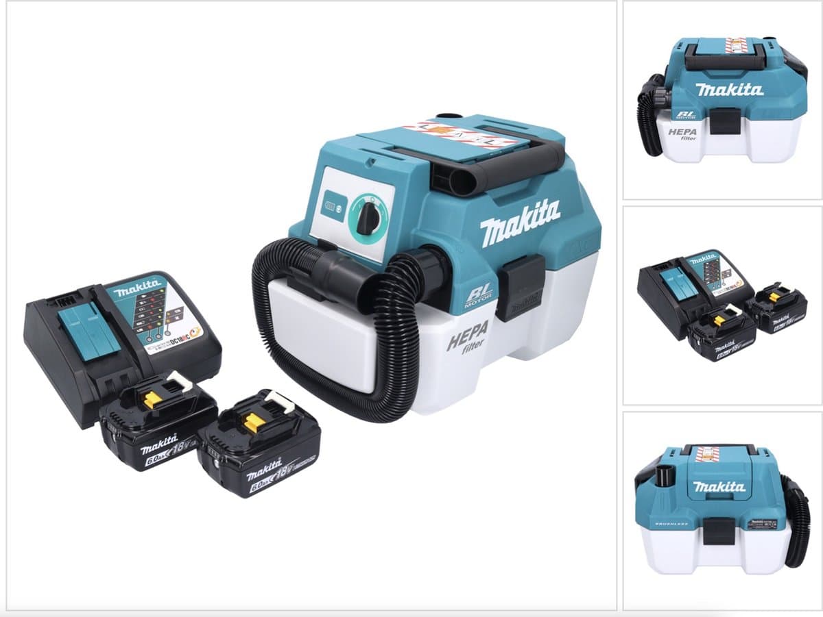 Makita DVC 750 LRG accustofzuiger LXT 18 V 67 mbar 7,5 l borstelloos + 2x accu 6,0 Ah + oplader — afbeelding 1