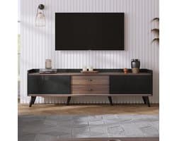 TV-lowboard met laden en schuifdeuren - 160 cm - zwart met houtnerf